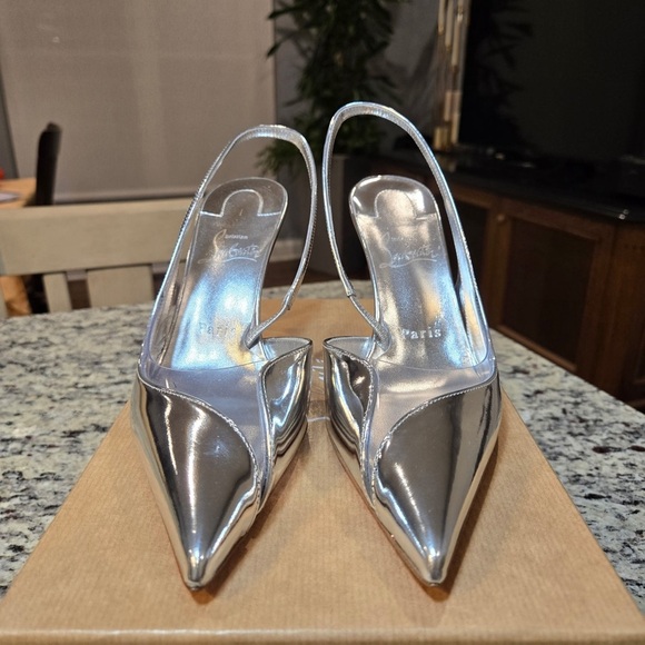 NEW Christian Louboutin Posticha 80mm Metallic Leather Slingback Size 37 - Picture 6 of 15